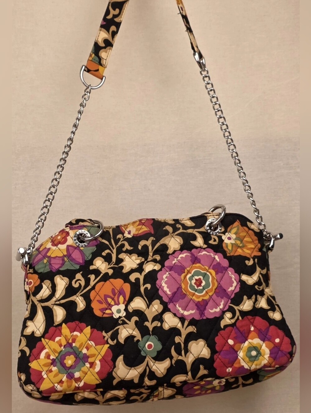 Vera Bradley Chain Bag Suzani Floral Black Quilted Cotton Shoulder Handbag EUC